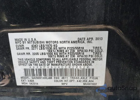 2013 Mitsubishi Outlander Sport Se из США, поврежденный, VIN 4A4AP4AU4DE020620